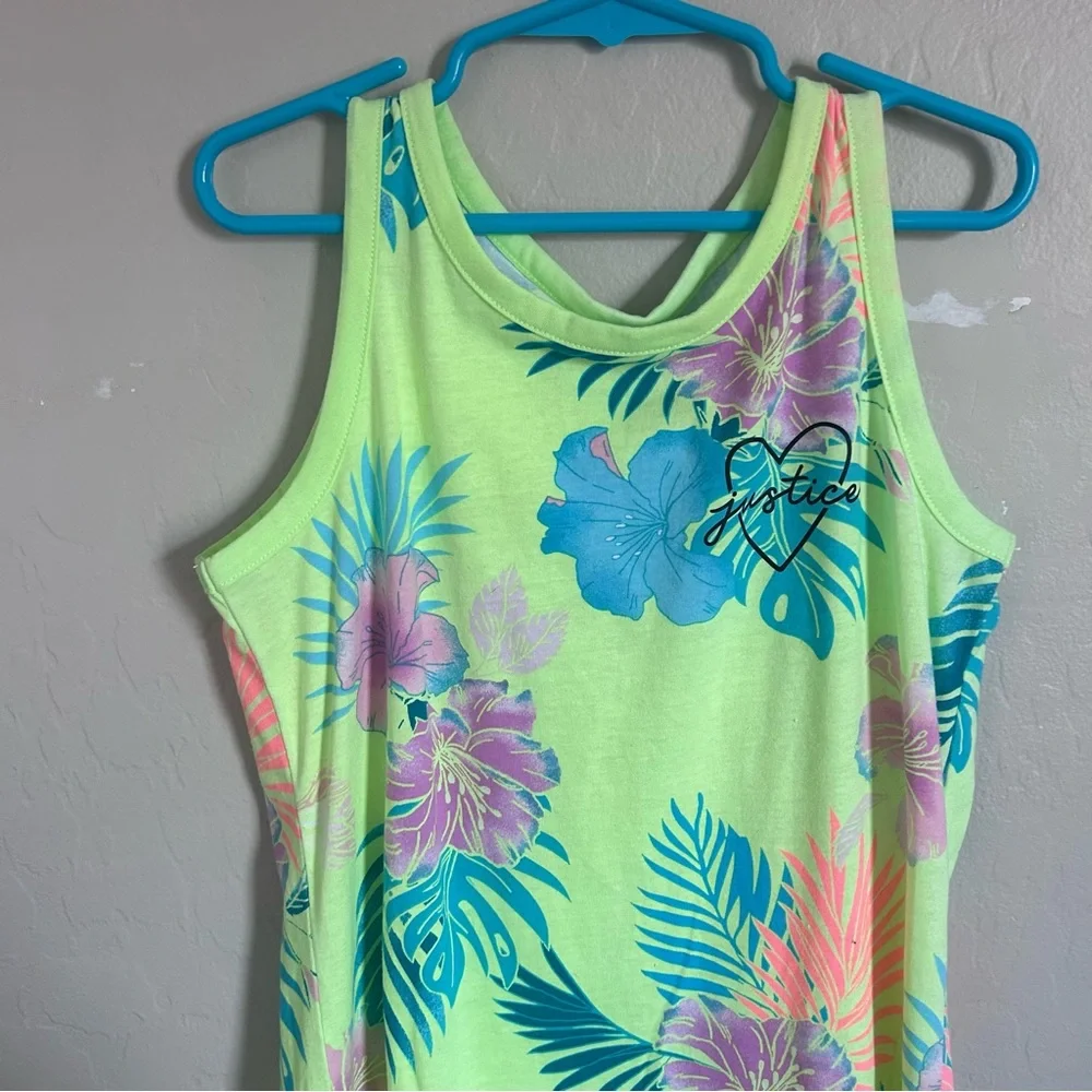 Justice Girls Kids Floral Tropical Tank Dress‎ Size Small 7 or 8 Neon Green Blue